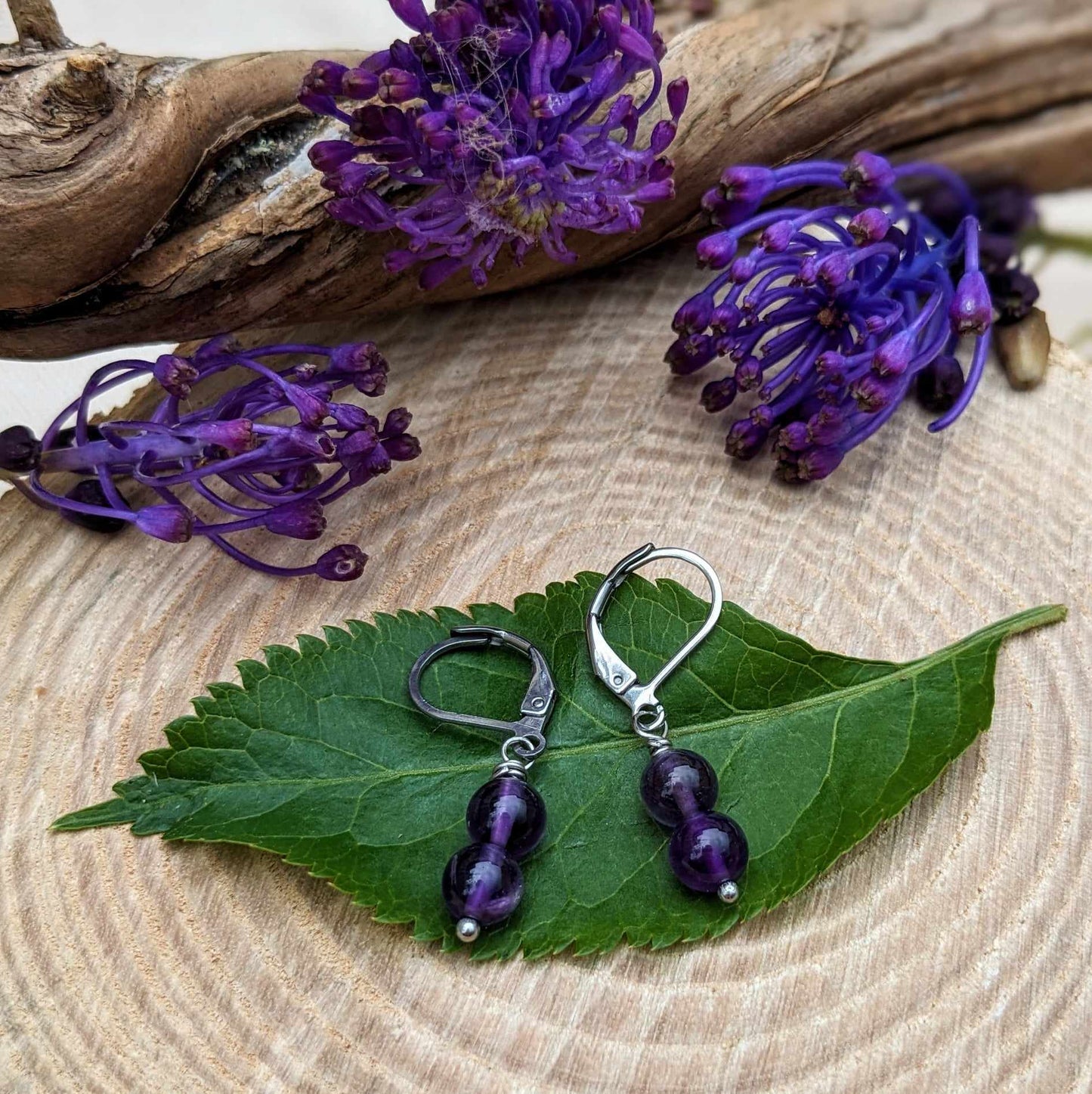 BOUCLES D'OREILLES EN PERLES D'AMETHYSTE SUR ACIER INOXYDABLE
