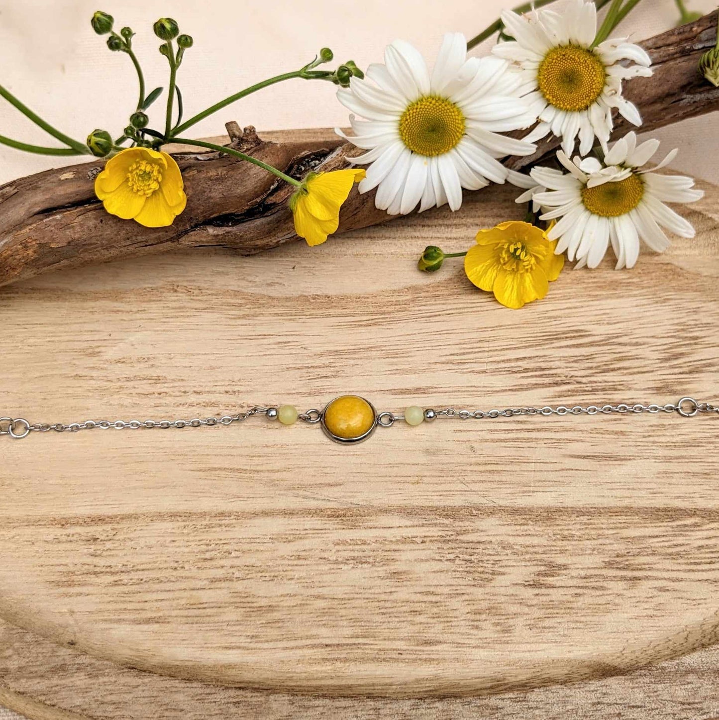 BRACELET EN PIERRE NATURELLE CALCEDOINE JAUNE ET ACIER INOXYDABLE FAIT MAIN