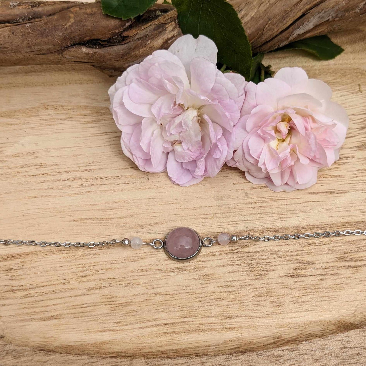 BRACELET EN PIERRE NATURELLE QUARTZ ROSE ET ACIER INOXYDABLE FAIT MAIN