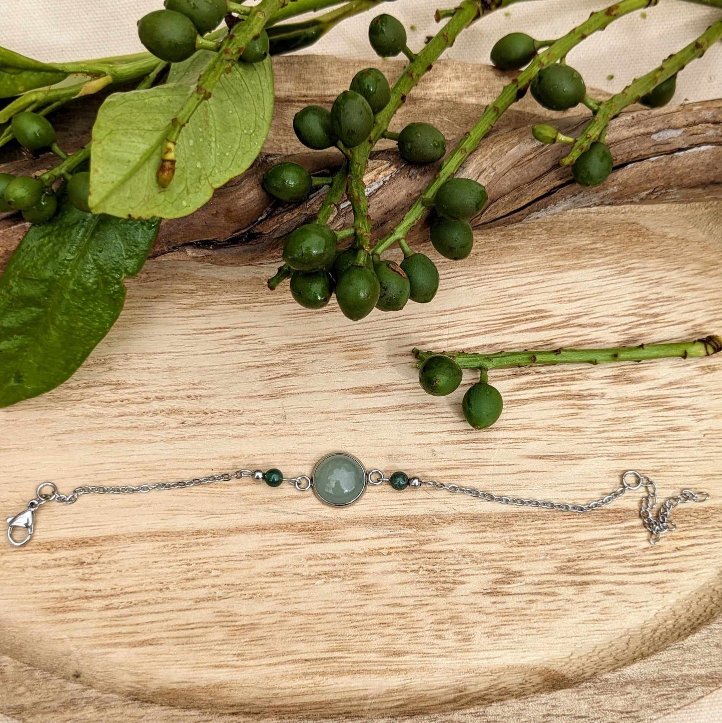 BRACELET EN PIERRE NATURELLE AVENTURINE ET ACIER INOXYDABLE FAIT MAIN