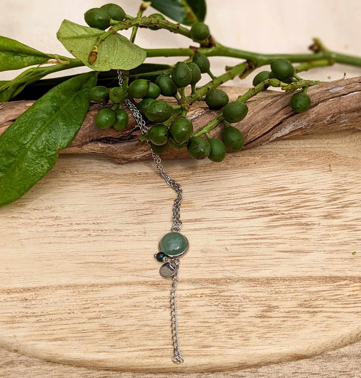 COLLIERS SAUTOIRS EN PERLES NATURELLES D'AVENTURINE SUR ACIER INOXYDABLE