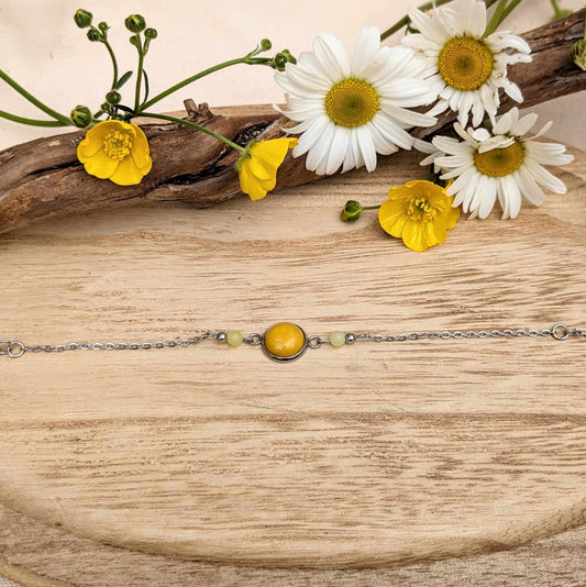 BRACELET EN PIERRE NATURELLE CALCEDOINE JAUNE ET ACIER INOXYDABLE FAIT MAIN